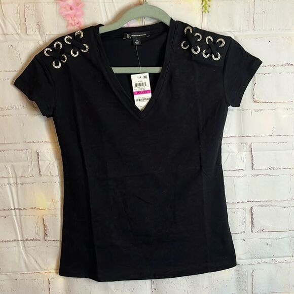 NWT INC INTERNATIONAL CONCEPTS RHINESTONES CRISS CROSS DETAIL TSHIRT SIZE PP - Picture 1 of 8
